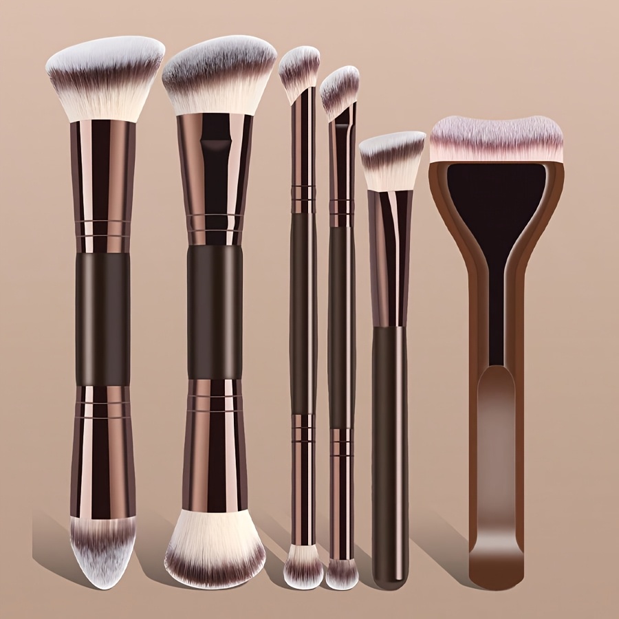 Huda Beauty Makeup Brush Set - ชุดแปรงแต่งหน้าแบบสองด้าน, 6 ชิ้น, แปรงรองพื้น, แปรงคอนซีลเลอร์, แปรงคอนทัวร์,